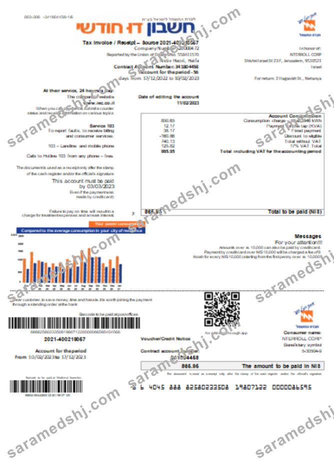 Electric Corporation utility business bill in Hebrew SCR